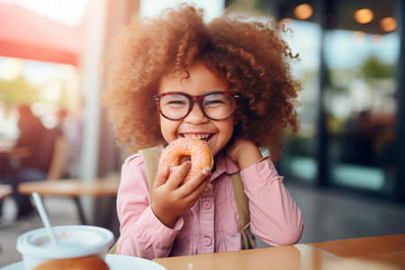 Positive girl with glasses eating donut in outdoor cafe, space for text. Generative AIの素材