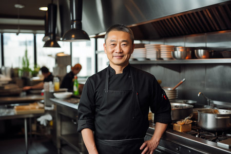 Portrait of Asian chef in a black jacket in the kitchen in a restaurant. Generative AIの素材