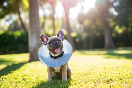 Dog wearing a cone after surgery, treatment in the park, space for text. Generative AIの素材