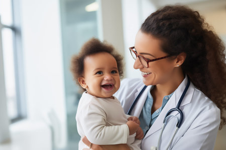 Pediatrician or female doctor holding little child in a hospital. Generative AIの素材