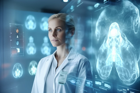 Portrait of female experienced doctor in operation room, against the backdrop of a white office and x-ray pictures. Generative AIの素材