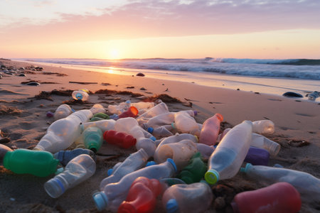 Illustration of plastic bottles and waste washed up on a beach. Micro plastic sea pollution. Generative AIの素材