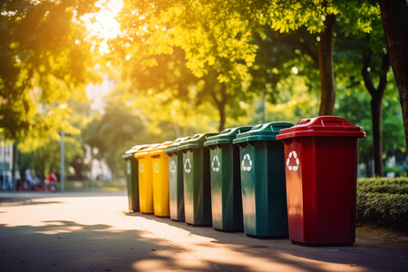 A shot of a row of recycling bins in a well - maintained city park. Generative AIの素材