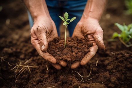 Farmer's Hand Inspecting Soil Health in an Organic Farm. Seedling plant. Generate Aiの素材