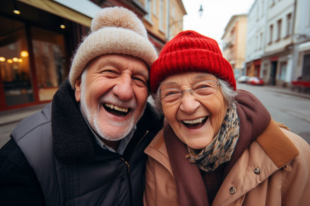 Elderly couple laughing and taking selfie, Generative AIの素材
