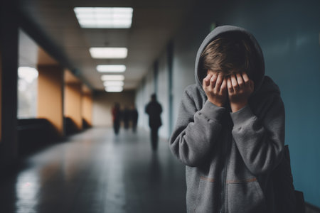 Upset boy covered his face with hands standing alone in school corridor. Learning difficulties, emotions, bullying in school. Generative AIの素材