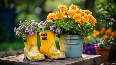 Gardening background with flowerpots, yellow boots in sunny spring or summer garden. Generative AIの素材