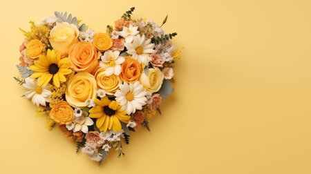 Beautiful bouquet of flowers in heart shape on yellow background. Valentine's day, mother's day, women's Day background with space for text. Generate AIの素材