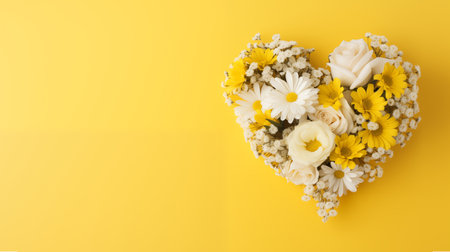 Beautiful bouquet of flowers in heart shape on yellow background. Valentine's day, mother's day, women's Day background with space for text. Generate AIの素材