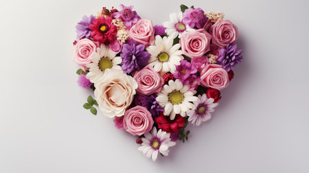 Top view arrangement of colorful flowers with heart shape placed on white background. Valentine's day, mother's day, women's Day background. Generate AIの素材