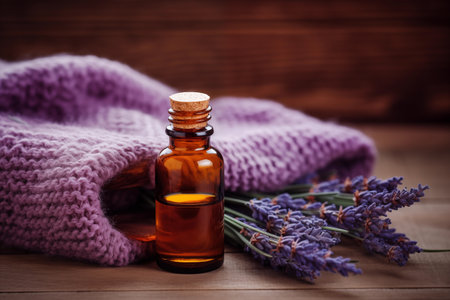 Essential oil bottle with lavender on knitted texture in warm light. Generative AIの素材