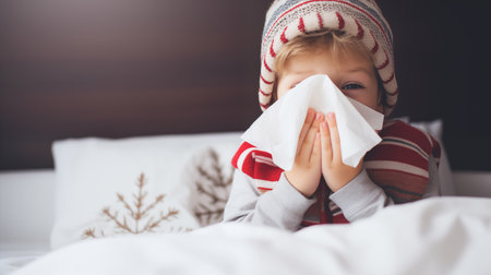 Flu. A sick little boy is blowing his nose into a tissue, space for text. Generative AIの素材