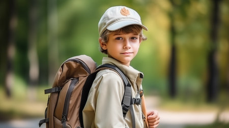 Portraite of a cute boy in a cap and with a backpack is resting in nature. Children's camp concept, space for text. Generative AIの素材