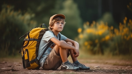 Portraite of a cute boy in a cap and with a backpack is resting in nature. Children's camp concept, space for text. Generative AIの素材