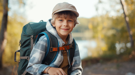 Portraite of a cute boy in a cap and with a backpack is resting in nature. Children's camp concept, space for text. Generative AIの素材