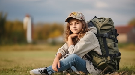 Portraite of a cute girl in a cap and with a backpack is resting in nature. Children's camp concept, space for text. Generative AIの素材