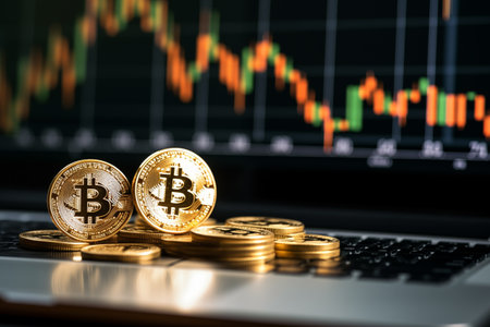 A golden bitcoin coins on the computer with a stock market chart graph in the bokeh background. Bitcoin spot ETF concept.の素材