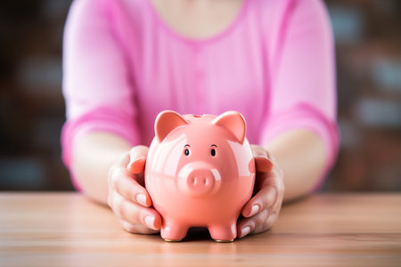 Woman hand holding piggy bank on wood table. Save money and financial investment, keeping the financial during recession concept.の素材