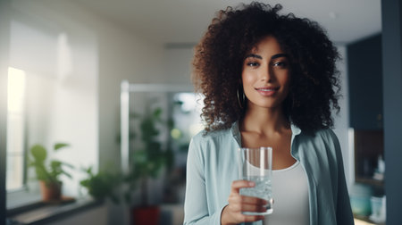 Beautiful young woman drink water start new day with healthy life habit, Female holding glass drinking clean mineral natural still water in living room at home morning, Lifestyle healthcare conceptの素材