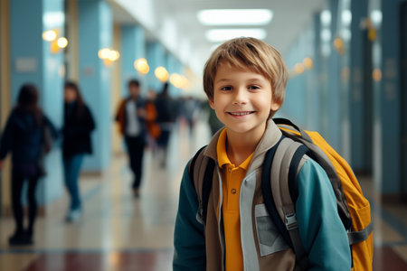 Happy cute schoolboy with backpack against the backdrop of a school corridor. Generate AIの素材