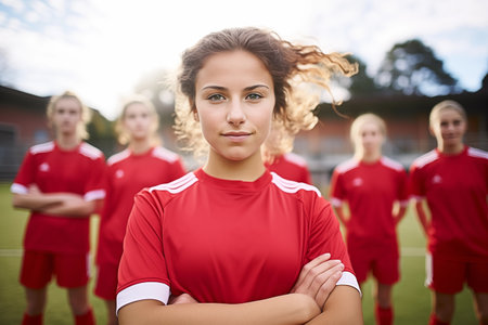 Portrait of confident Young Female Footballer with Teammates on Soccer Field. Generative AIの素材