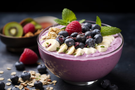 Close up of healthy breakfast bowl with muesli, blueberry smoothie and fruits. Generative AIの素材