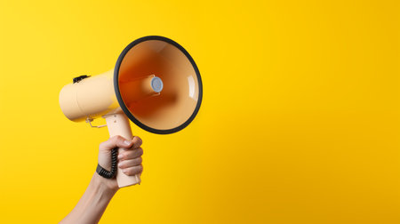 A woman's hand holds a yellow megaphone on a yellow background which is symbol of advertising, PR and promotion, Alert, announcement, warning and advertising concept, Copy space, Generative AIの素材