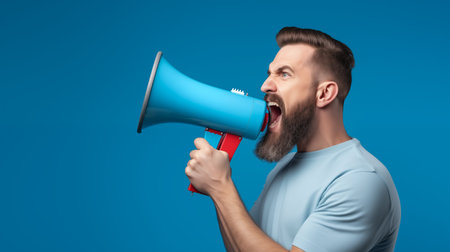 Man shouting through megaphone on a blue background which is symbol of advertising, PR and promotion, Alert, announcement, warning and advertising concept, Copy space, Generative AIの素材