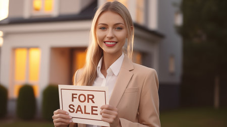 Beautiful cheerful female real estate agent holding FOR SALE sign against house background. Caucasian sales agent or real estate owner smiling confidently. Generative AIの素材