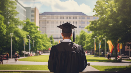 Seen from behind of beautiful caucasian young man in graduation attire near university, Generative AIの素材