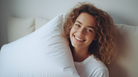Smiling beautiful woman strong embracing her bedroom pillow. Generative AIの素材