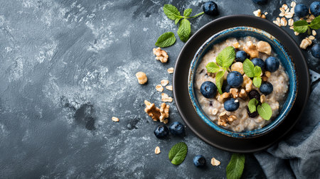 Blueberry and nut topped oatmeal on a rustic backdrop. Generative AIの素材