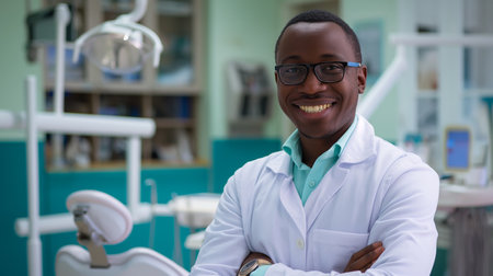 Portrait of a smilling handsome confident african male doctor in a dental clinic office, space for text. Generative AIの素材
