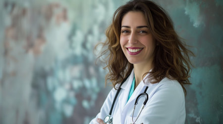 Portrait of A smilling handsome confident female doctor, space for text. Generative AIの素材