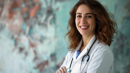 Portrait of A smilling handsome confident female doctor, space for text. Generative AIの素材