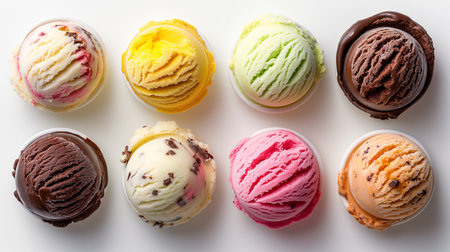 Top view of Ice cream scoop ball. Many assorted different flavour mockup template on white background. Generative AIの素材