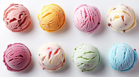 Top view of Ice cream scoop ball. Many assorted different flavour mockup template on white background. Generative AIの素材