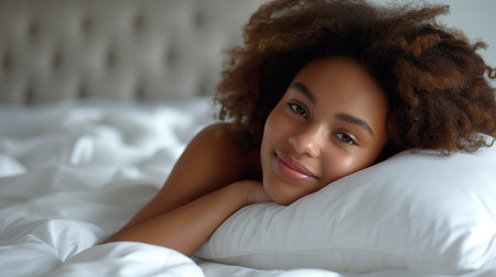 Smiling beautiful african woman strong embracing her white bedroom pillow. Side view before sleeping, Generative AIの素材