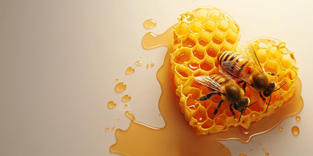A heart-shaped honeycomb with two bees on plaining background. Space for text, Generative AIの素材