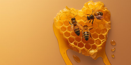 A heart-shaped honeycomb with three bees on plaining background. Space for text, Generative AIの素材