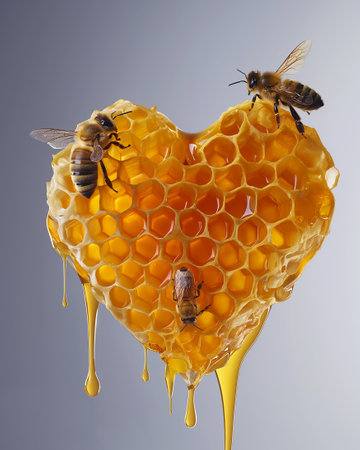 A heart-shaped honeycomb with three bees on plaining background. Space for text, Generative AIの素材