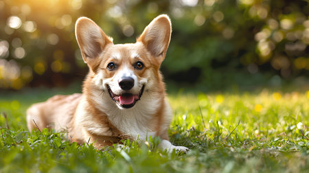 Smiling face cute lovely Corgi lying on the grass in a Summer park, Funny lovely pet dog, Dog on the background of nature. Generative AIの素材