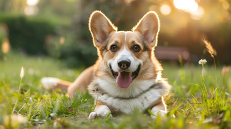 Smiling face cute lovely Corgi lying on the grass in a Summer park, Funny lovely pet dog, Dog on the background of nature. Generative AIの素材