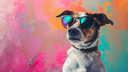 Cool dog with sunglasses on colorful wall background. Space for text, Generative AIの素材