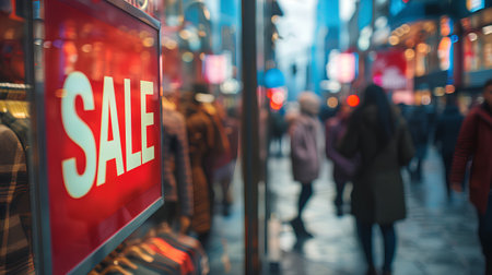 Sale concept image with a Sale sign in a shop window and people in street in background. Generative AIの素材