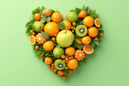 Heart made of fresh fruits and vegetables on color background, top viewの素材