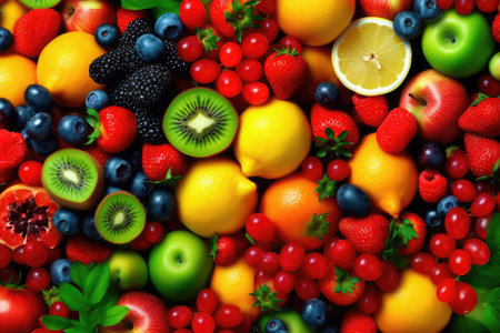 Fruits and berries background, top view. Healthy food concept.の素材