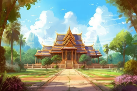 Beautiful Thai temple with blue sky background. Digital painting illustration.の素材