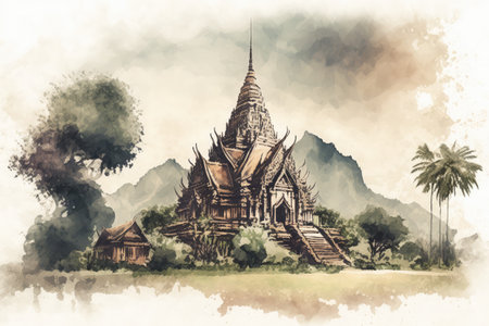 Digital watercolor painting of ancient pagoda in Bagan, Myanmarの素材