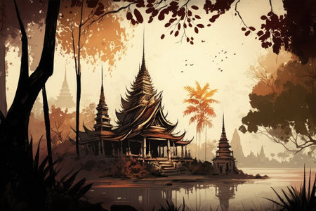 Buddhist temple in the middle of the lake. Digital painting.の素材